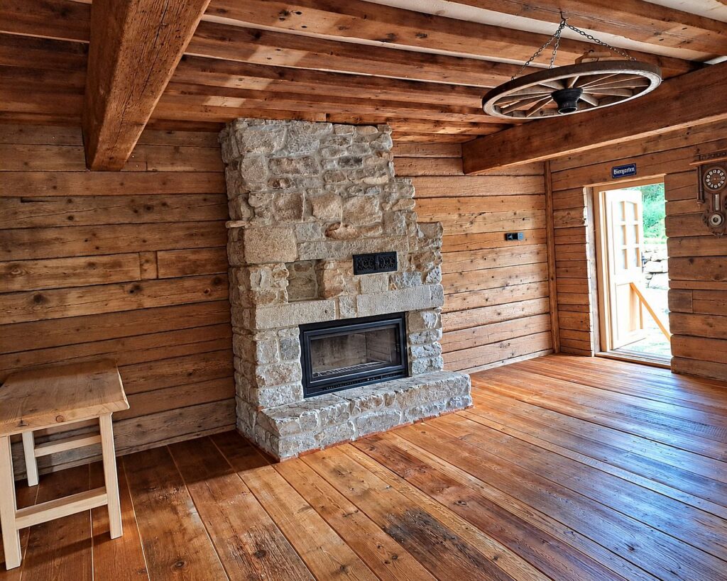 Gemauerter Kamin im Kaminstüberl der Berghütte