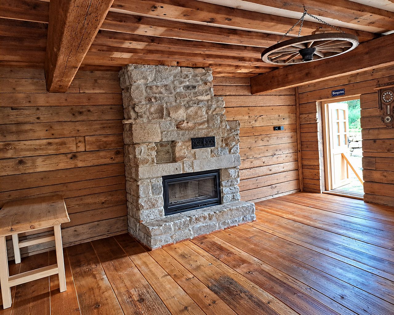 Gemauerter Kamin im Kaminstüberl der Berghütte